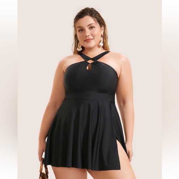 BloomChic Plus Size Plain Cut Out Split Side Swim Dress - Picture 1 of 7
